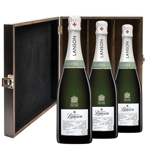 Lanson Le Green Bio-Organic Champagne 75cl Treble Elm Wood Gift Boxed Champagne (3x75cl)